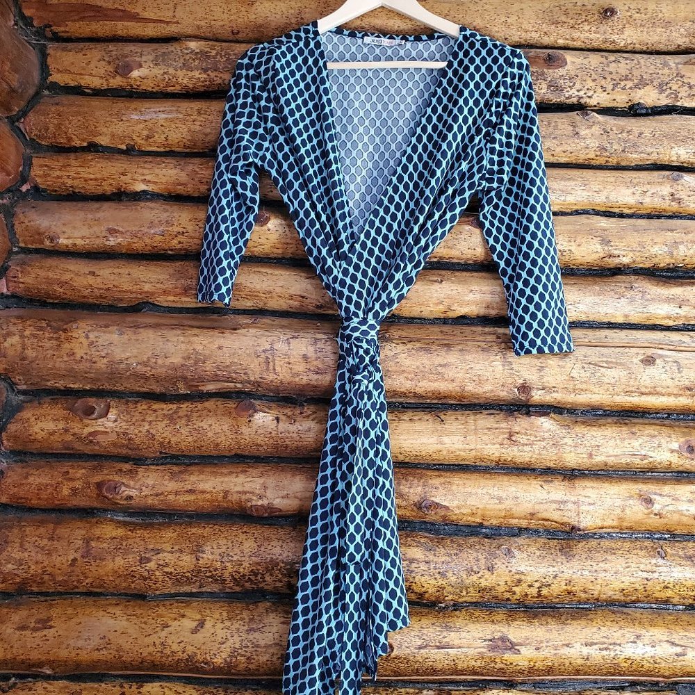 JustFab Large 3/4 Sleeve Navy and Teal Wrap Dress